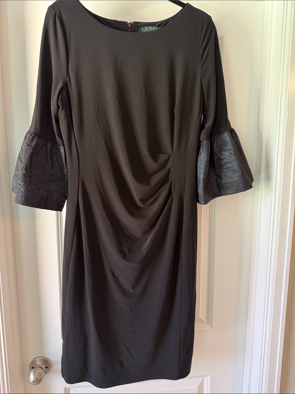 Lauren Ralph Lauren Black Long-Sleeve Sheath Dress with Textured Bell Sleeves